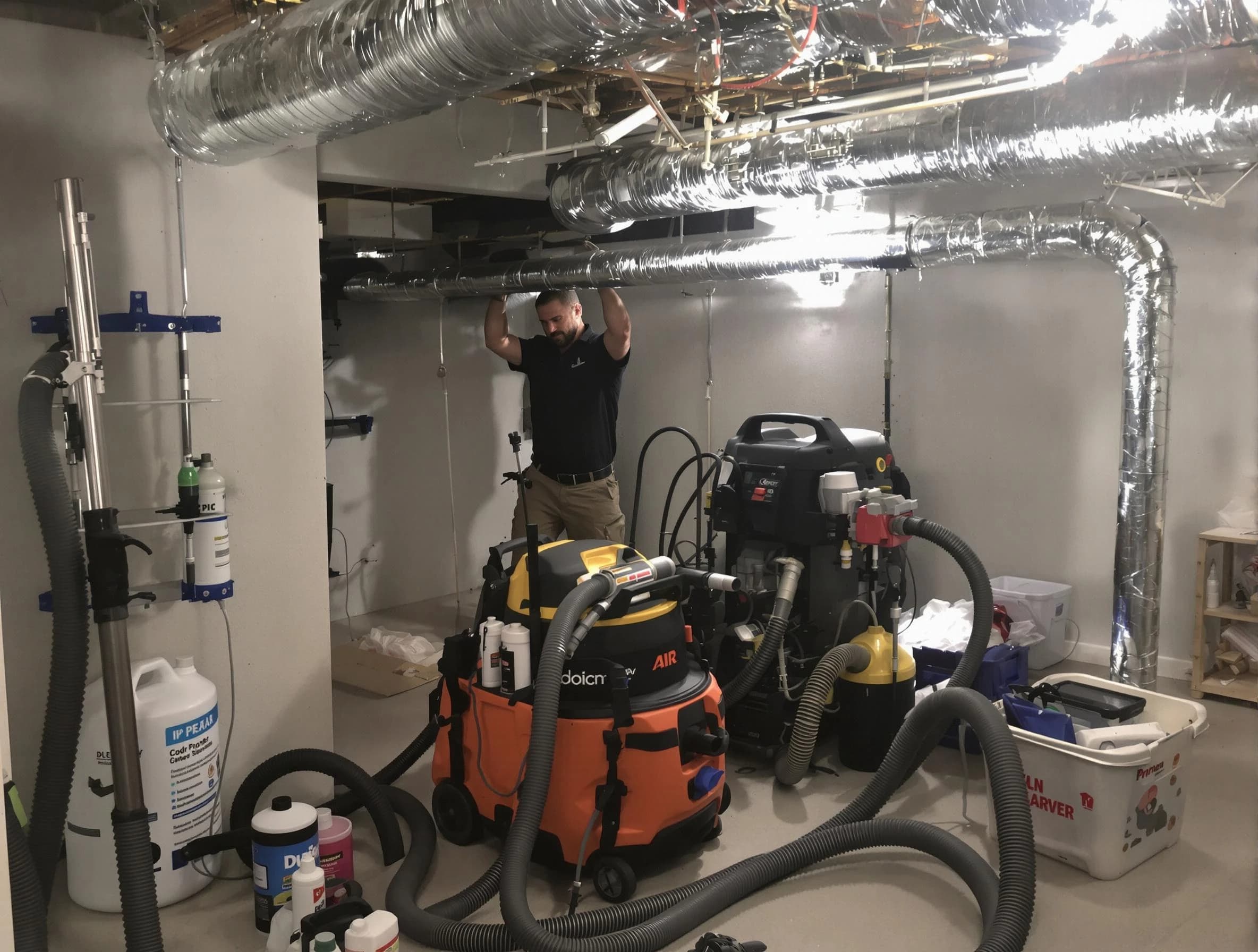 Salem Air Duct Cleaning specialist performing professional mold removal from air ducts using safety equipment in Salem