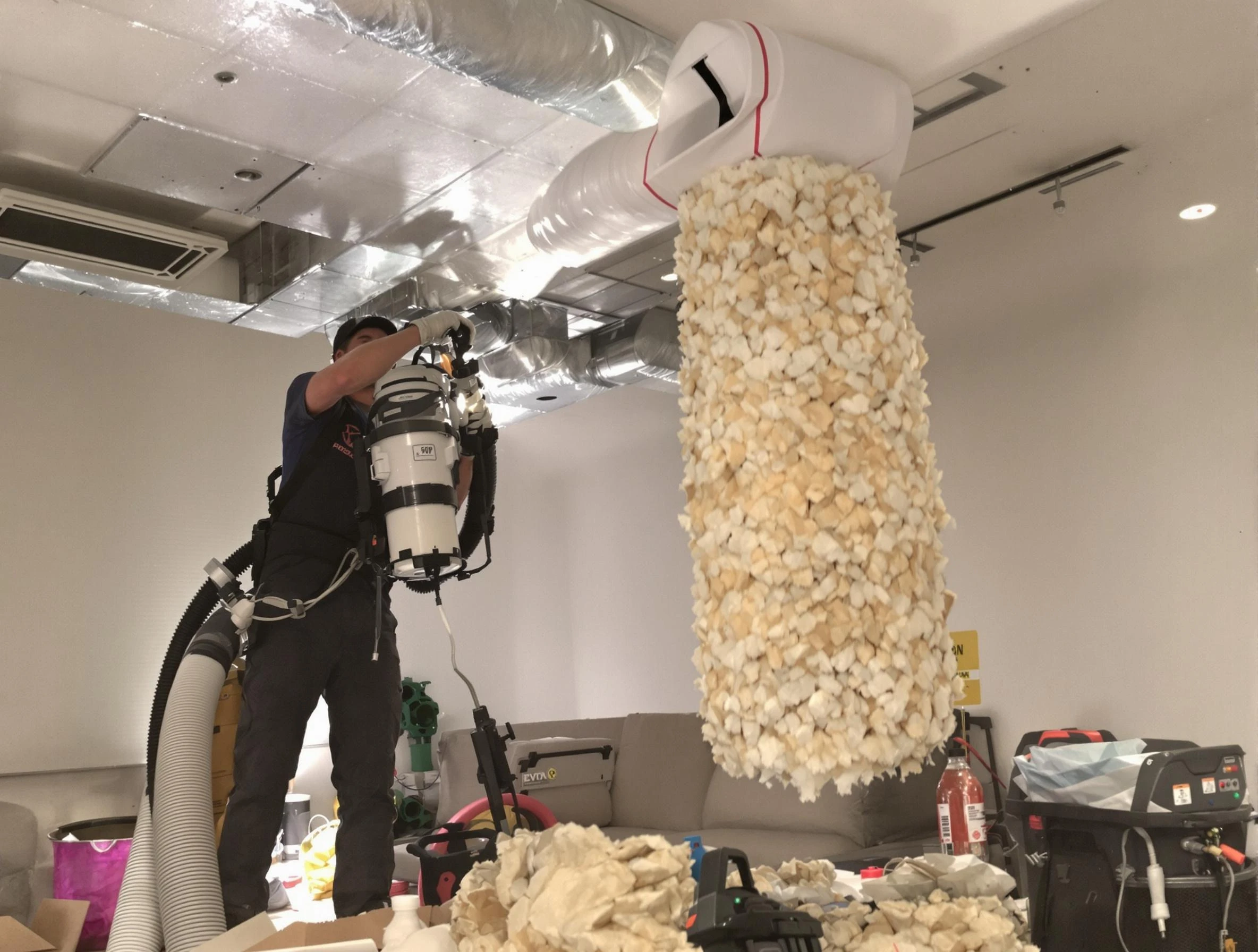 Salem Air Duct Cleaning technician performing precision vacuum insulation removal in a residential property in Salem
